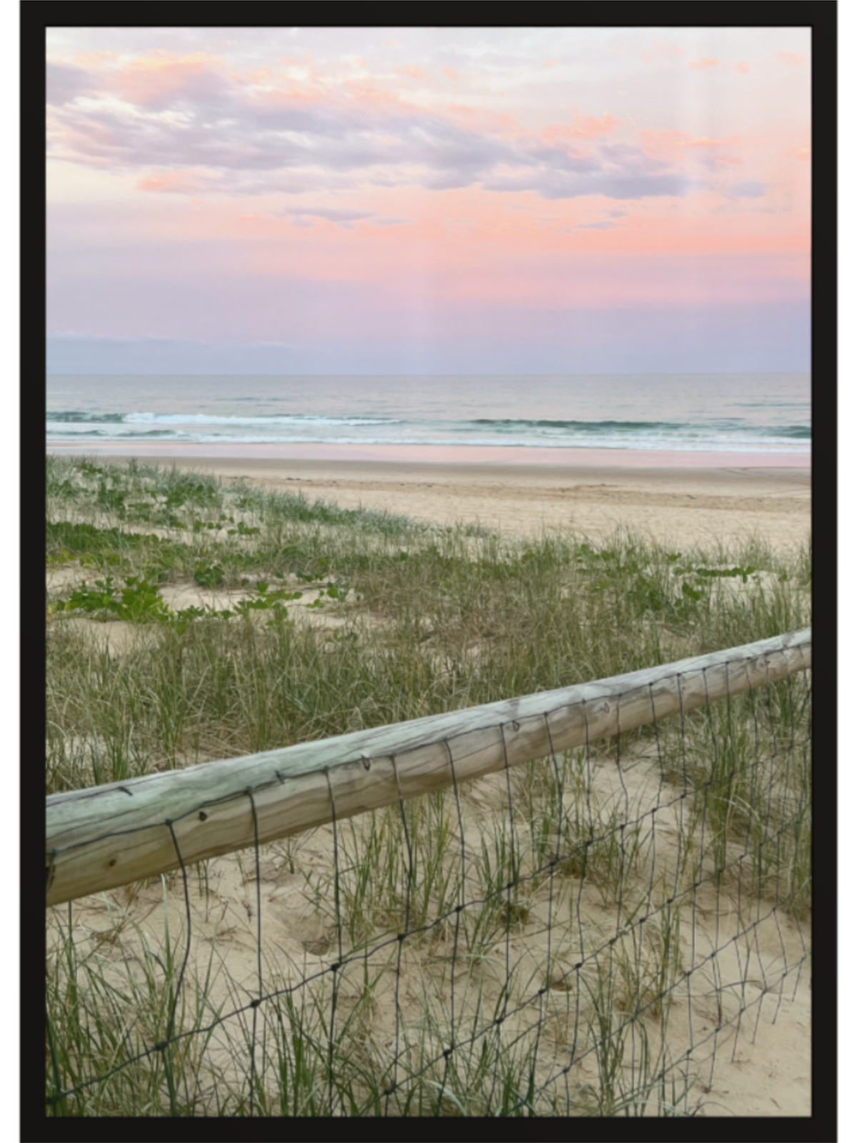 Broadbeach Australia beach wall art print in black frame with sunset sky