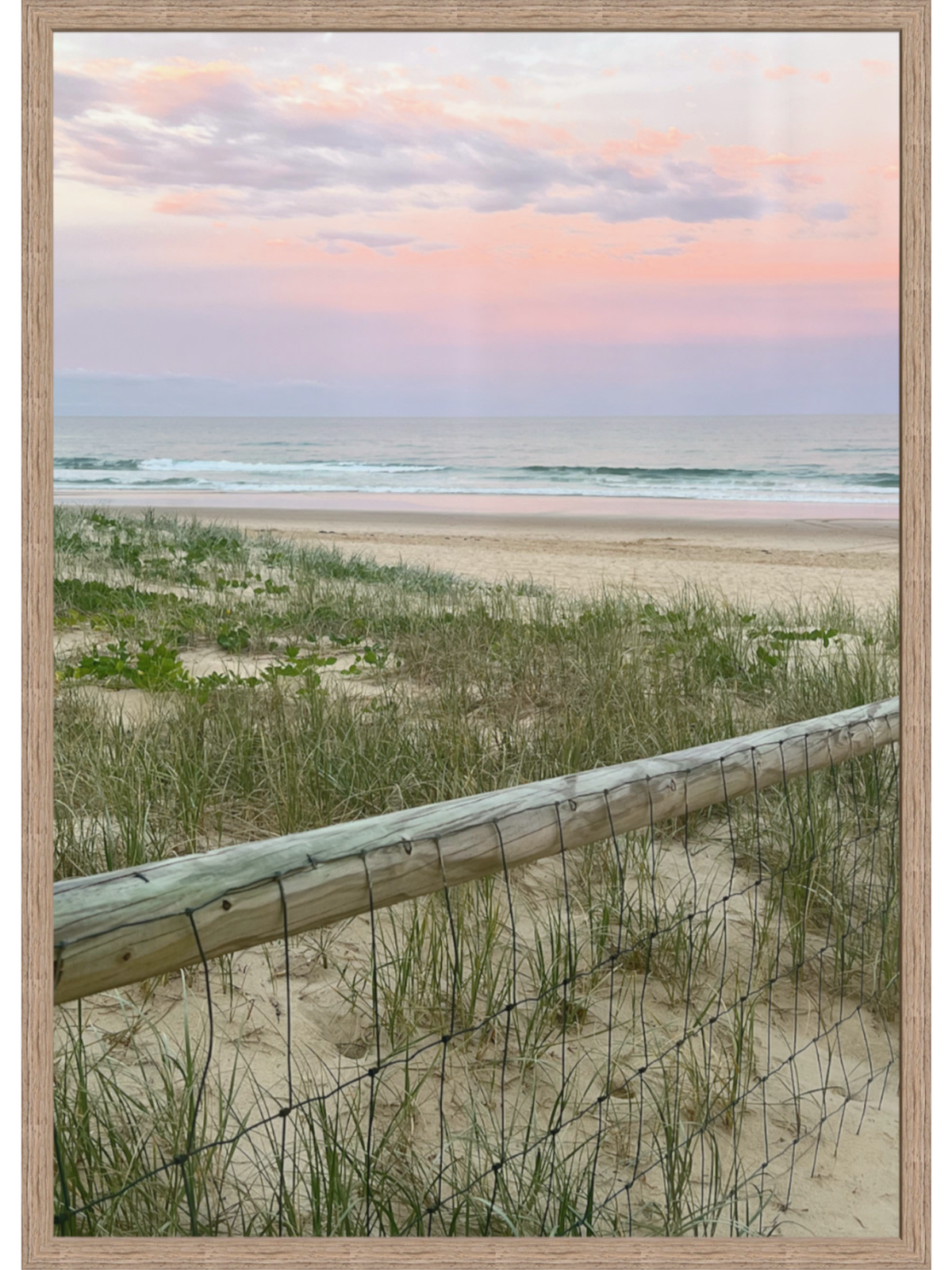 Light wood grain frame beach print with weathered fence and dusk colors