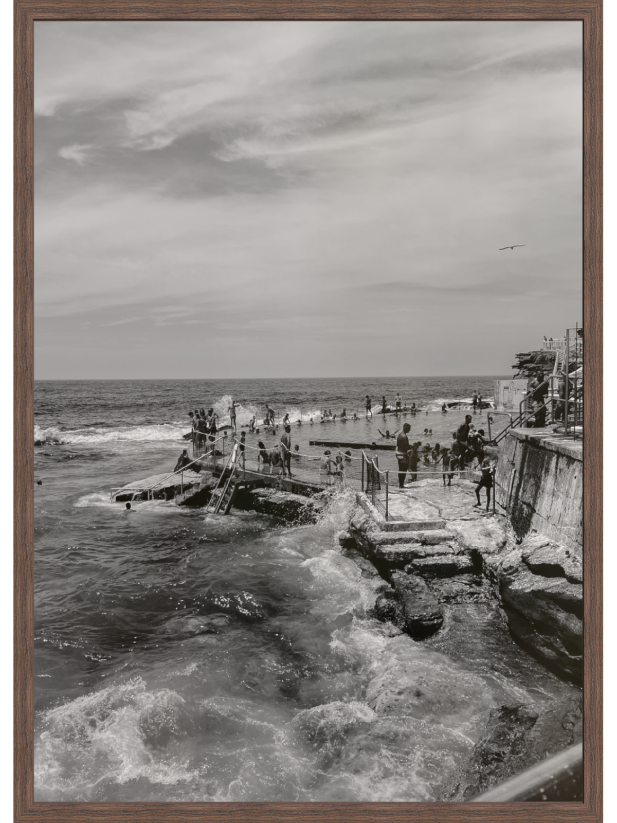 Bronte III B&W Sydney bath print in dark wood frame