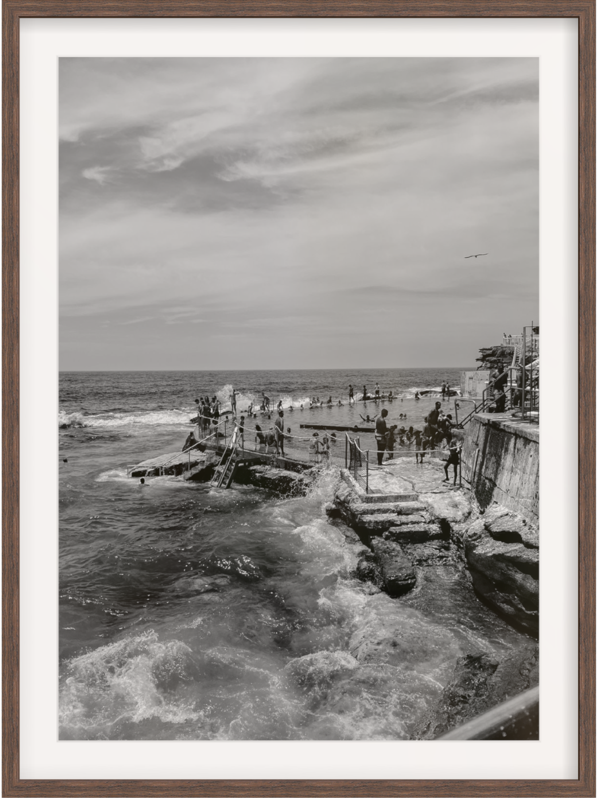 Bronte III B&W close-up ocean bath print in dark wood frame