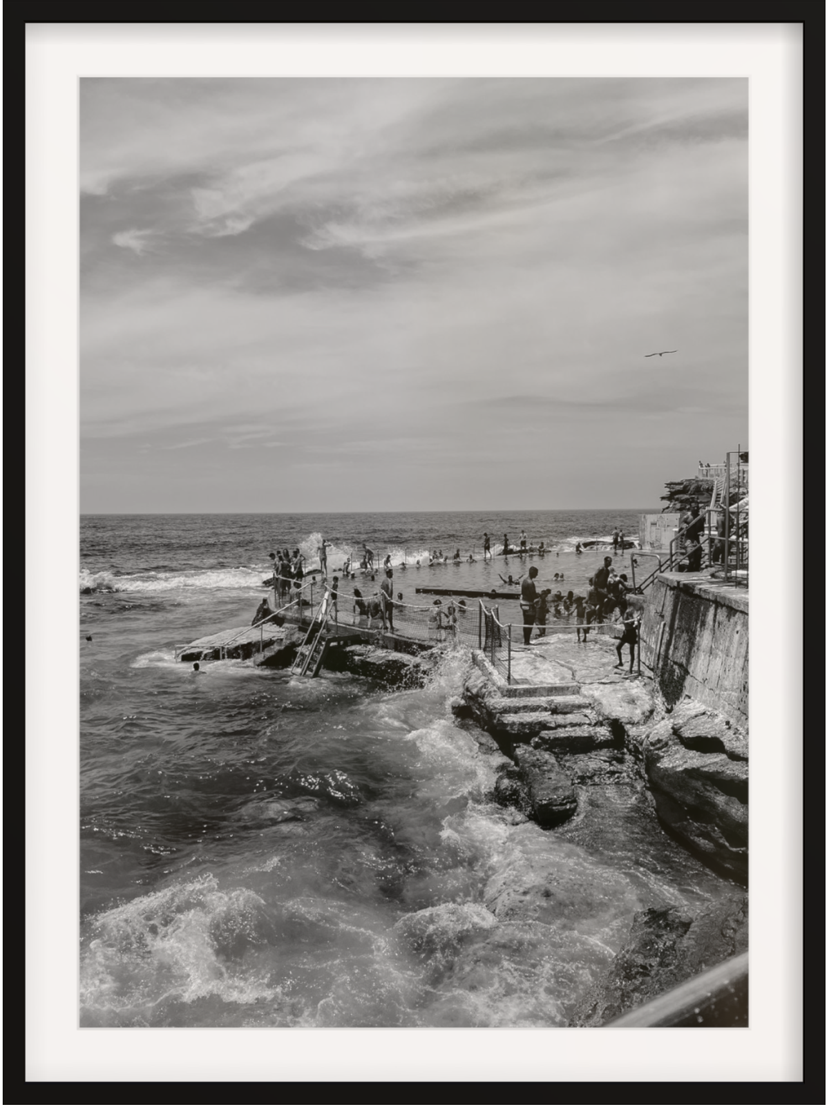 Bronte III B&W ocean bath photography with black border and white mat