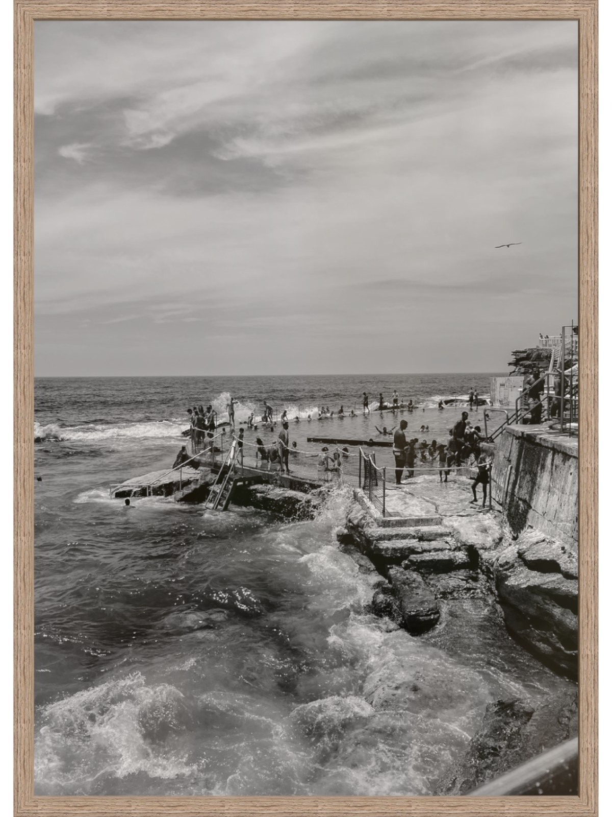 Bronte III B&W print of Sydney ocean baths in light wood frame