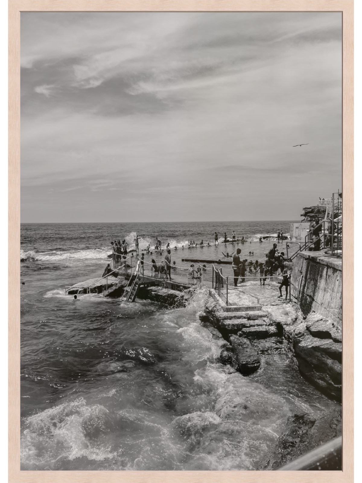 Bronte III B&W Sydney coastal print in light wood frame