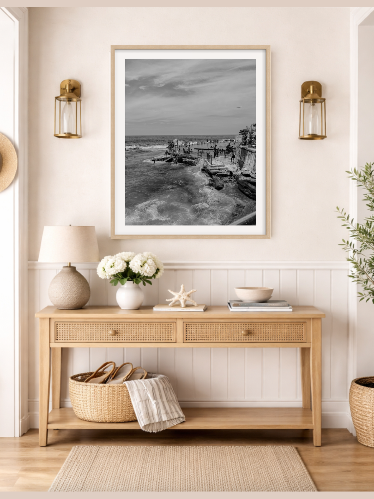 Bronte III B&W framed wall art styled in beige home interior