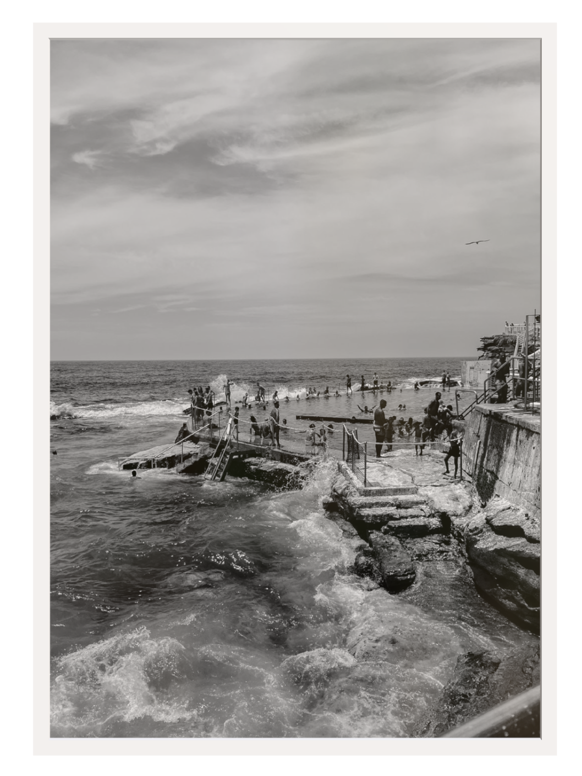 Bronte III B&W print featuring tidal pool waves in off-white border