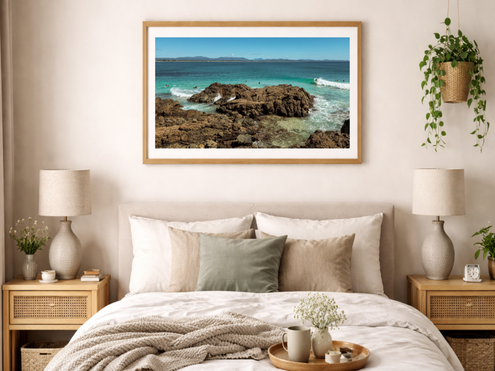 Bedroom with a large framed picture of a coastal scene on the wall.