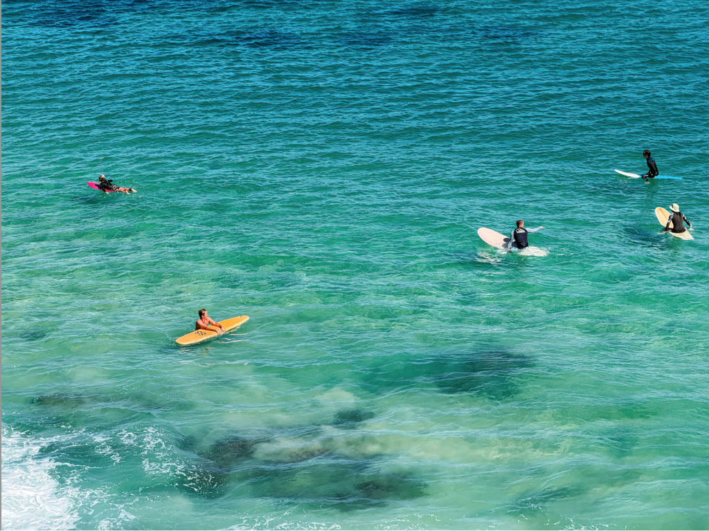 People on surfboards in clear blue water
