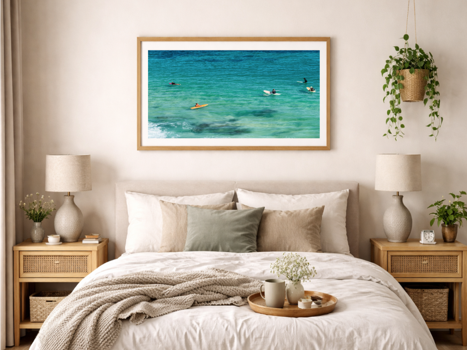 Bedroom with a large framed picture of a beach scene above the bed.