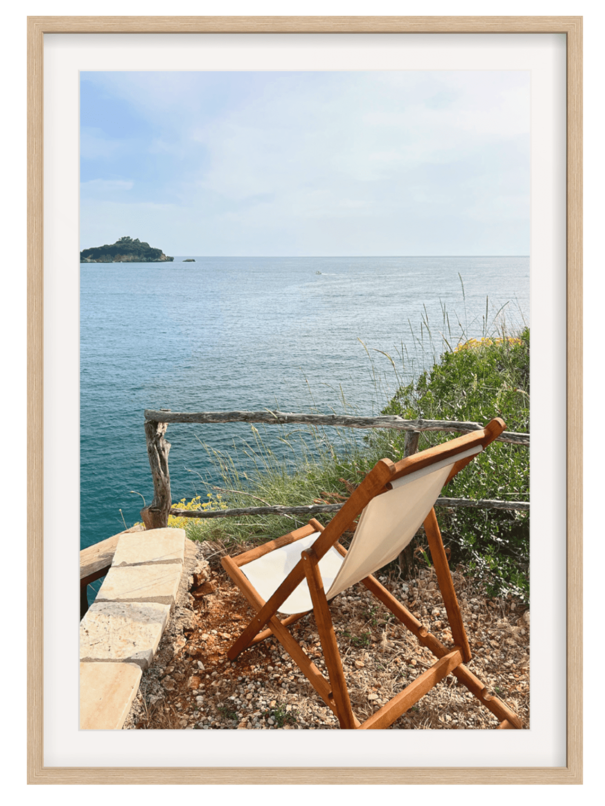 Wooden chair with a view of the ocean and island