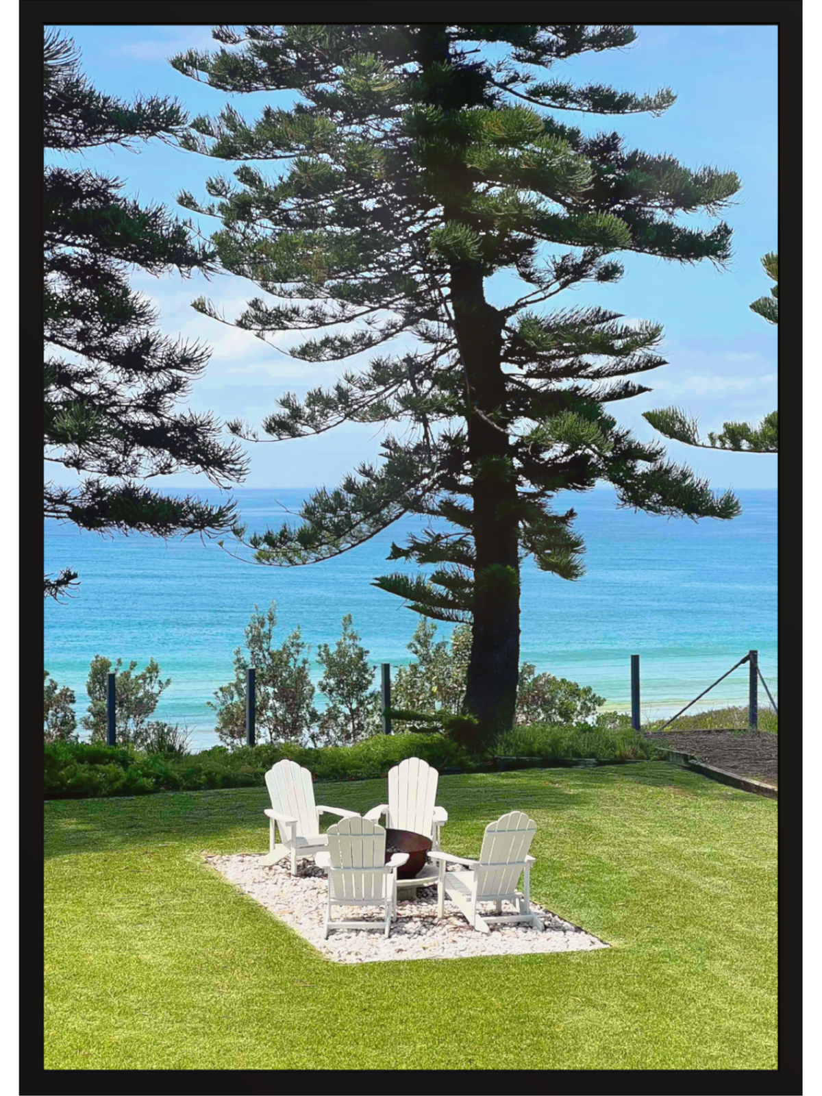 Black framed Culburra Beach House wall art without matting for bold contrast