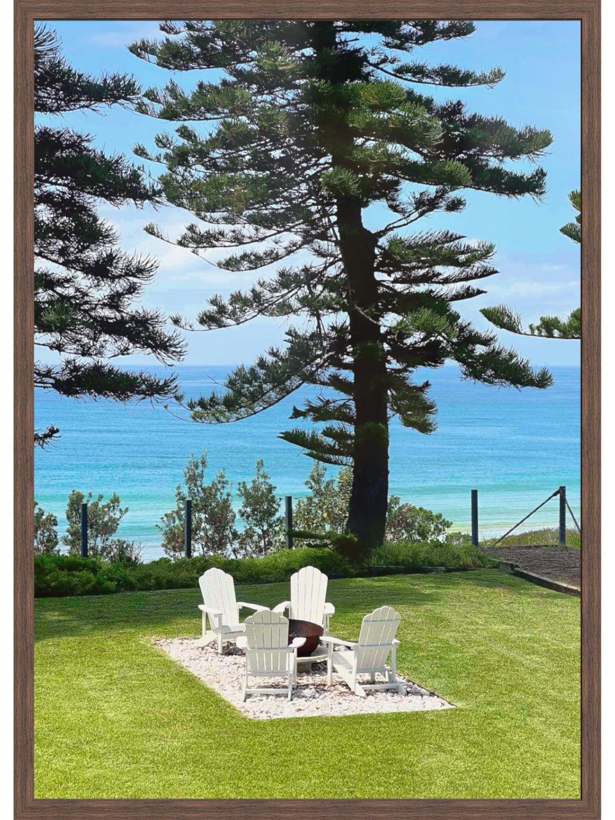Framed Culburra Beach House wall art in dark brown wood frame with white mat