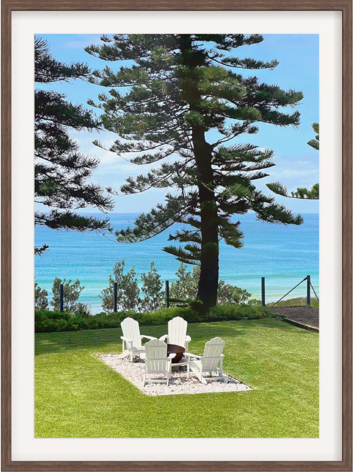 Dark brown wood framed Culburra Beach House print with visible grain texture