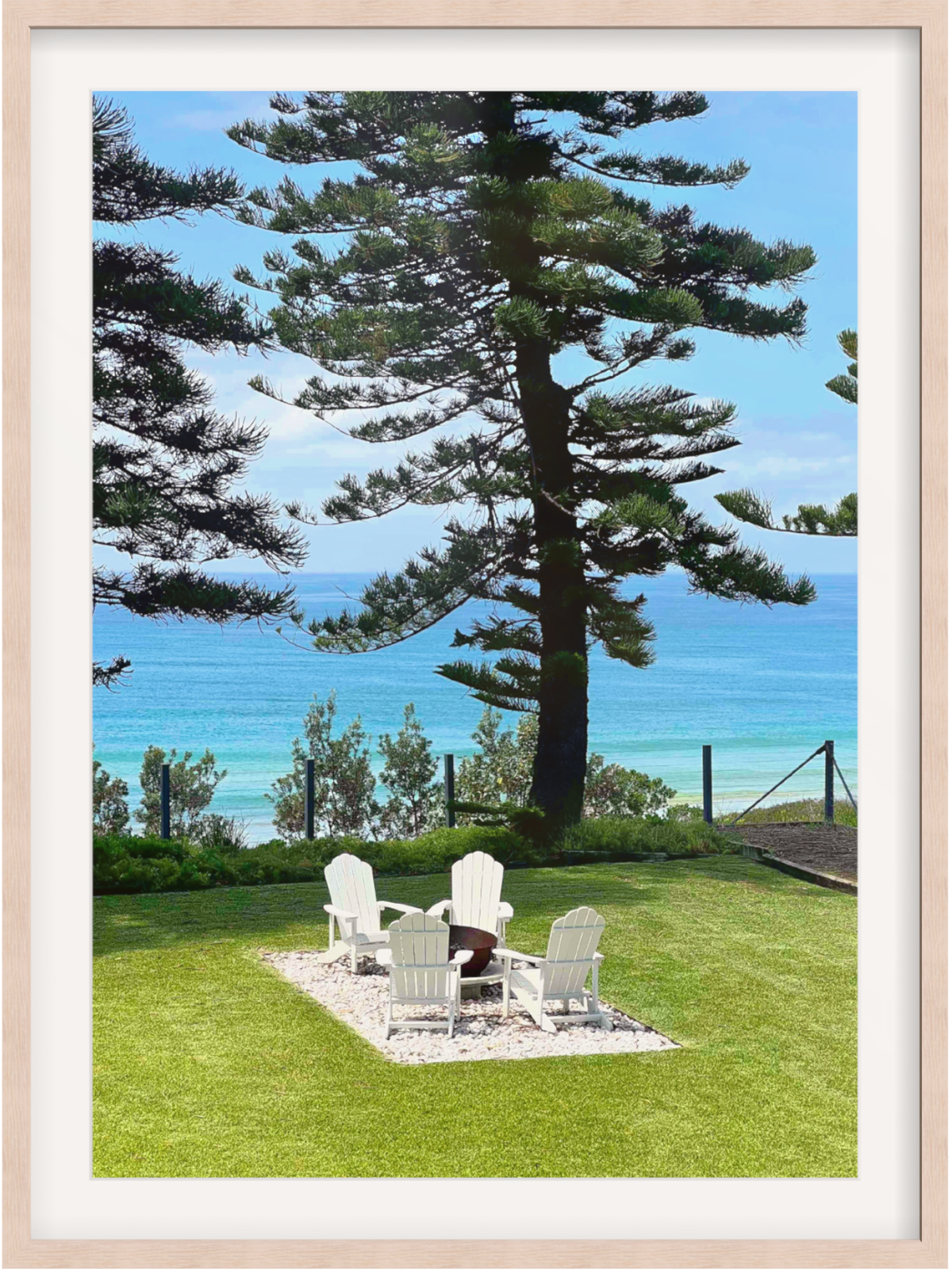 Culburra Beach House framed wall art in light wood with wide white mat