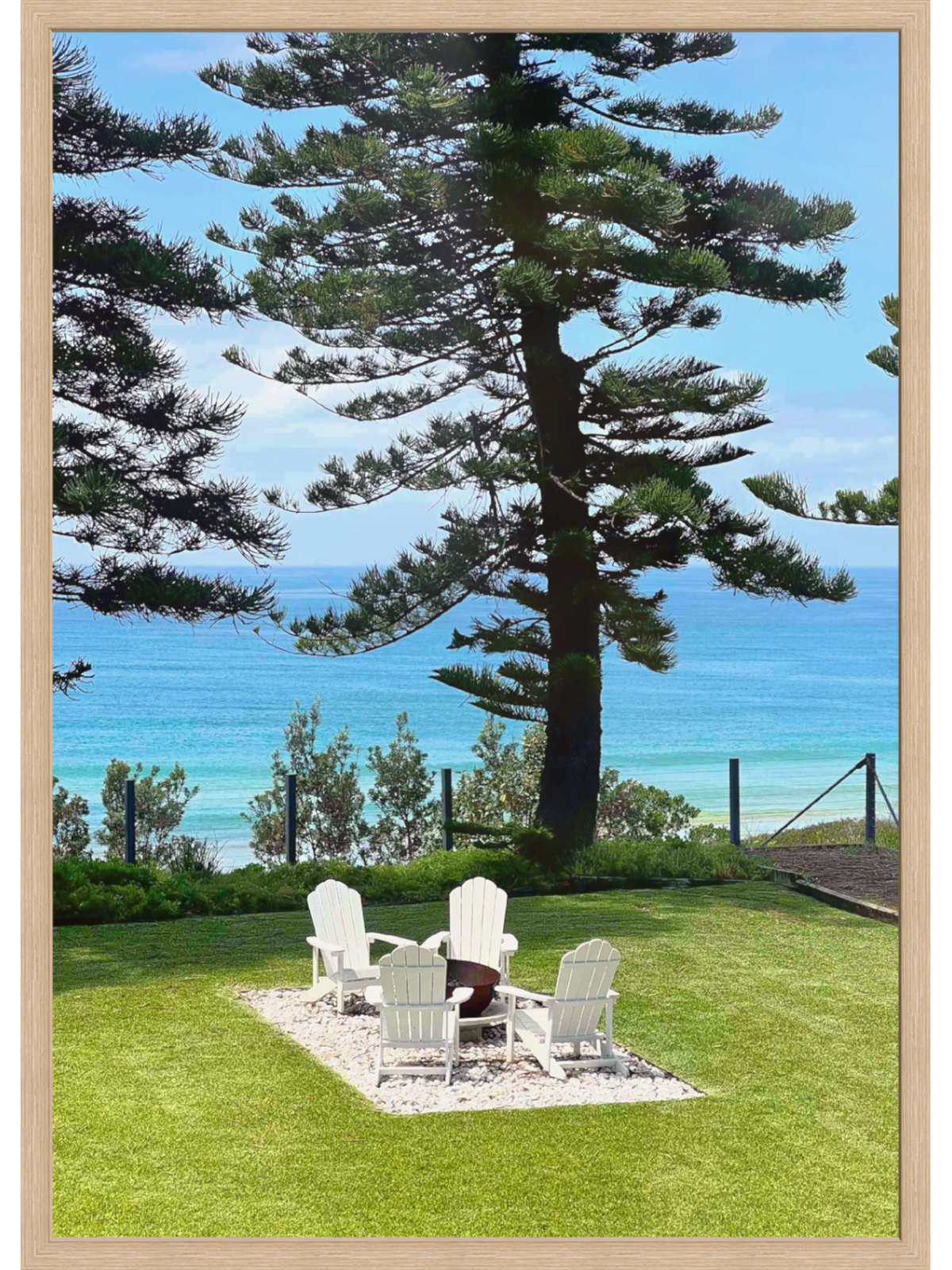 Light natural wood framed Culburra Beach House wall art with white mat