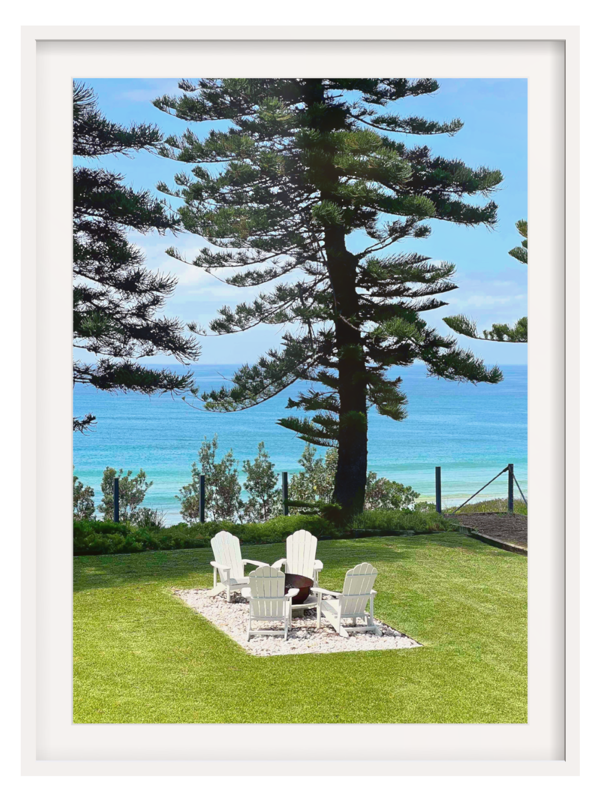 White framed Culburra Beach House print with minimalist wide white mat