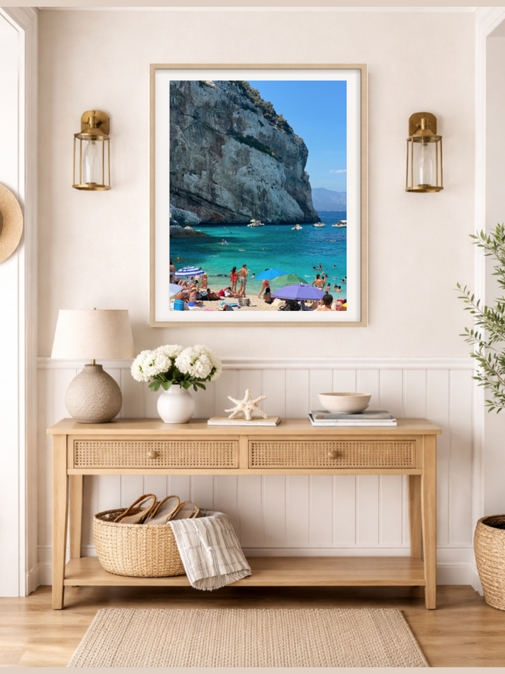 Sardinia Cala Mariolu Beach wall art print in light wood frame with white mat