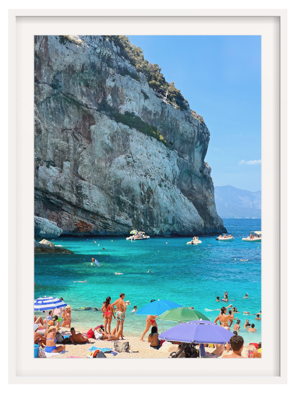 Cala Mariolu coastal print in thin white frame emphasizing clean border and natural landscape
