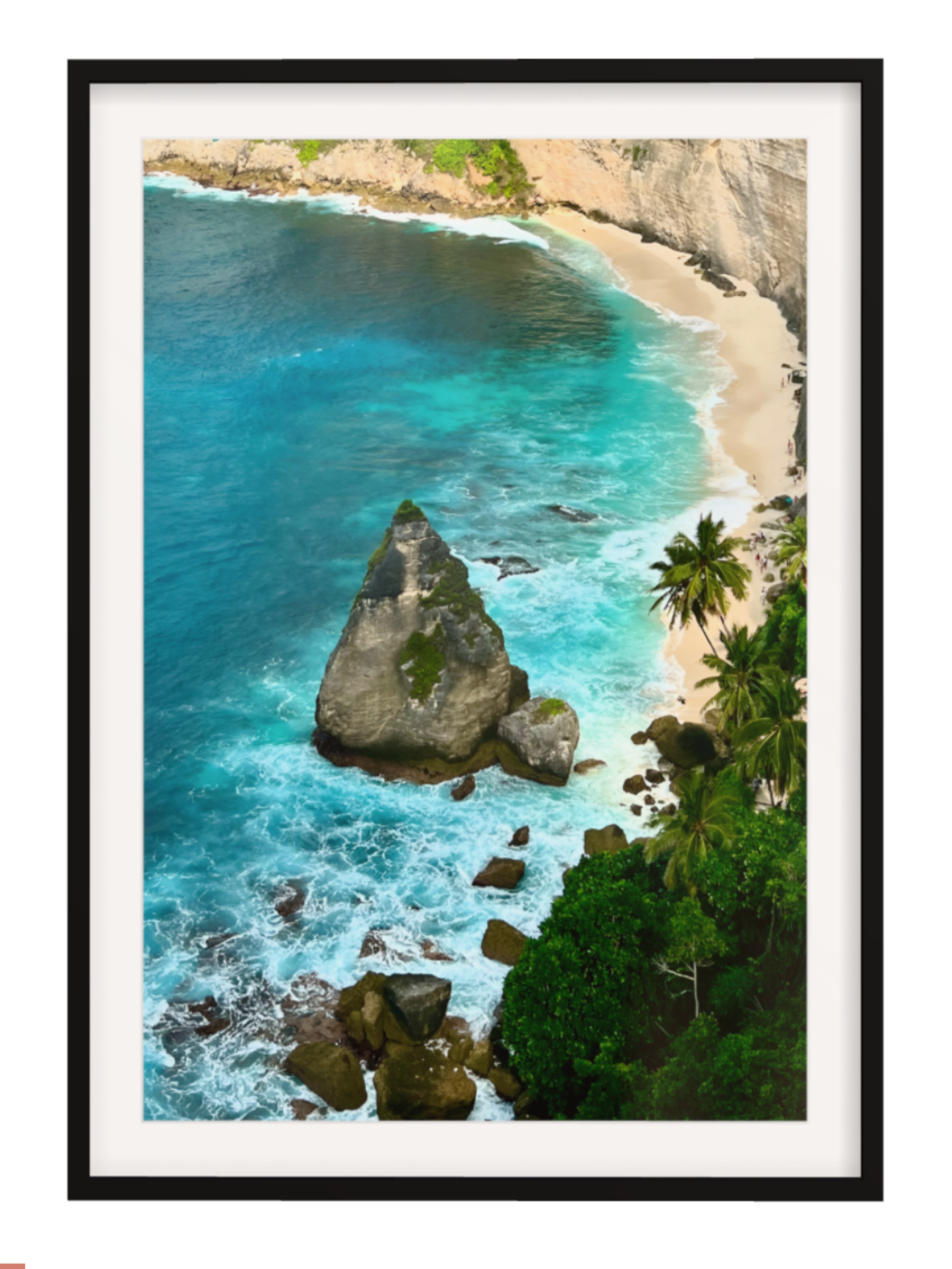 Black Framed artwork of a tropical beach with turquoise water and rocky outcrop.