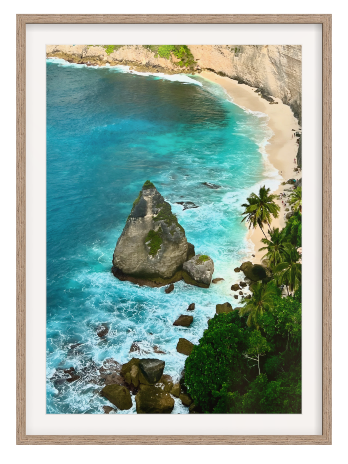 Aerial view of a tropical beach with turquoise waters and rocky outcrops, framed in a wooden manner.