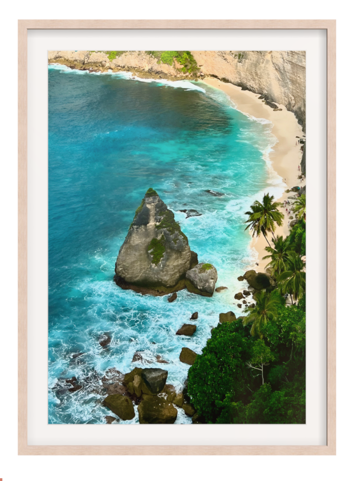 Light Oak Framed with border artwork of a tropical beach with turquoise water and rocky outcrop.