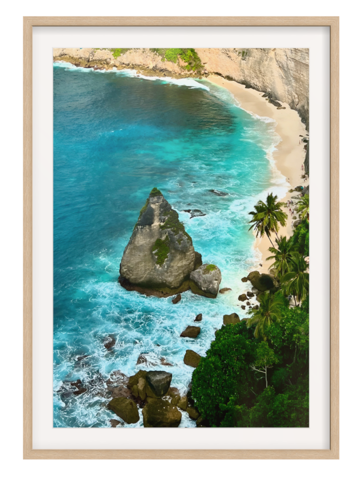 Oak Framed with border aerial view of a tropical beach with turquoise waters and rocky outcrops.