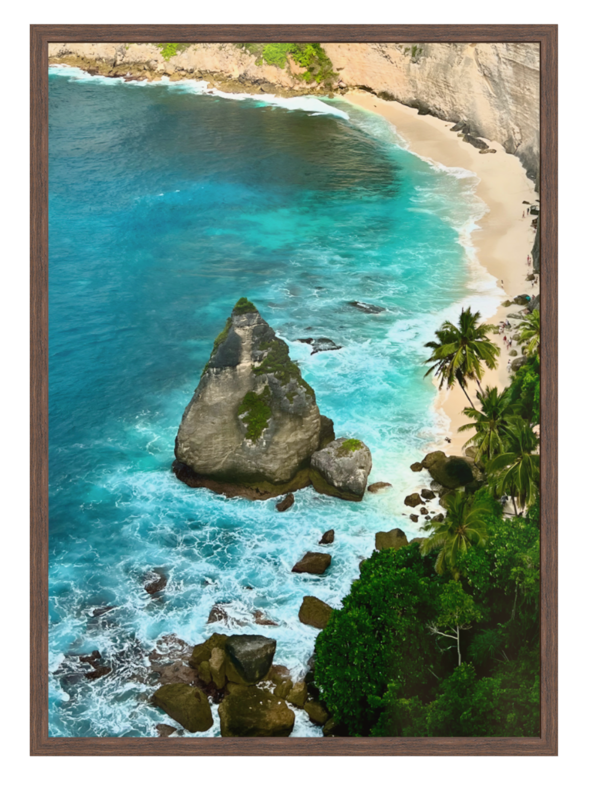 Chocolate frame Aerial view of a tropical beach with turquoise waters and rocky outcrops.
