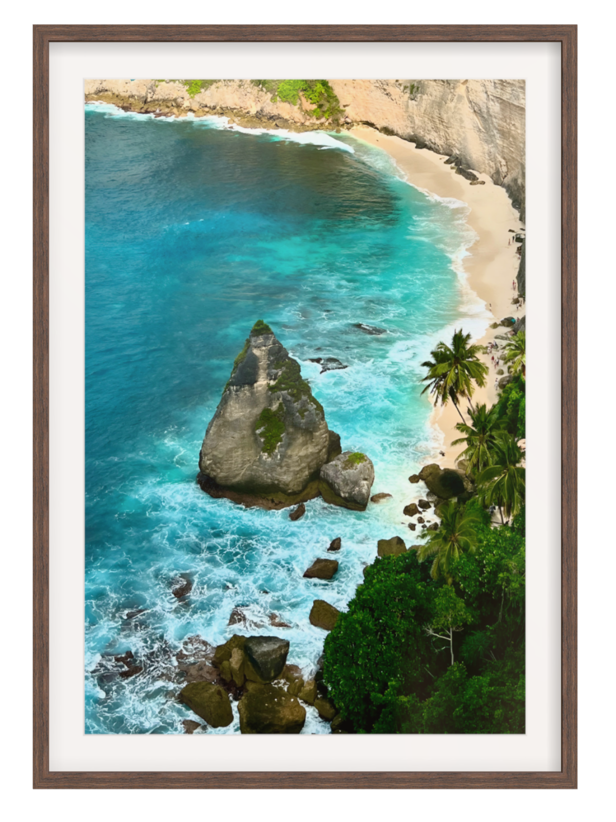 Chocolate Framed with border aerial view of a tropical beach with turquoise waters and rocky outcrops.