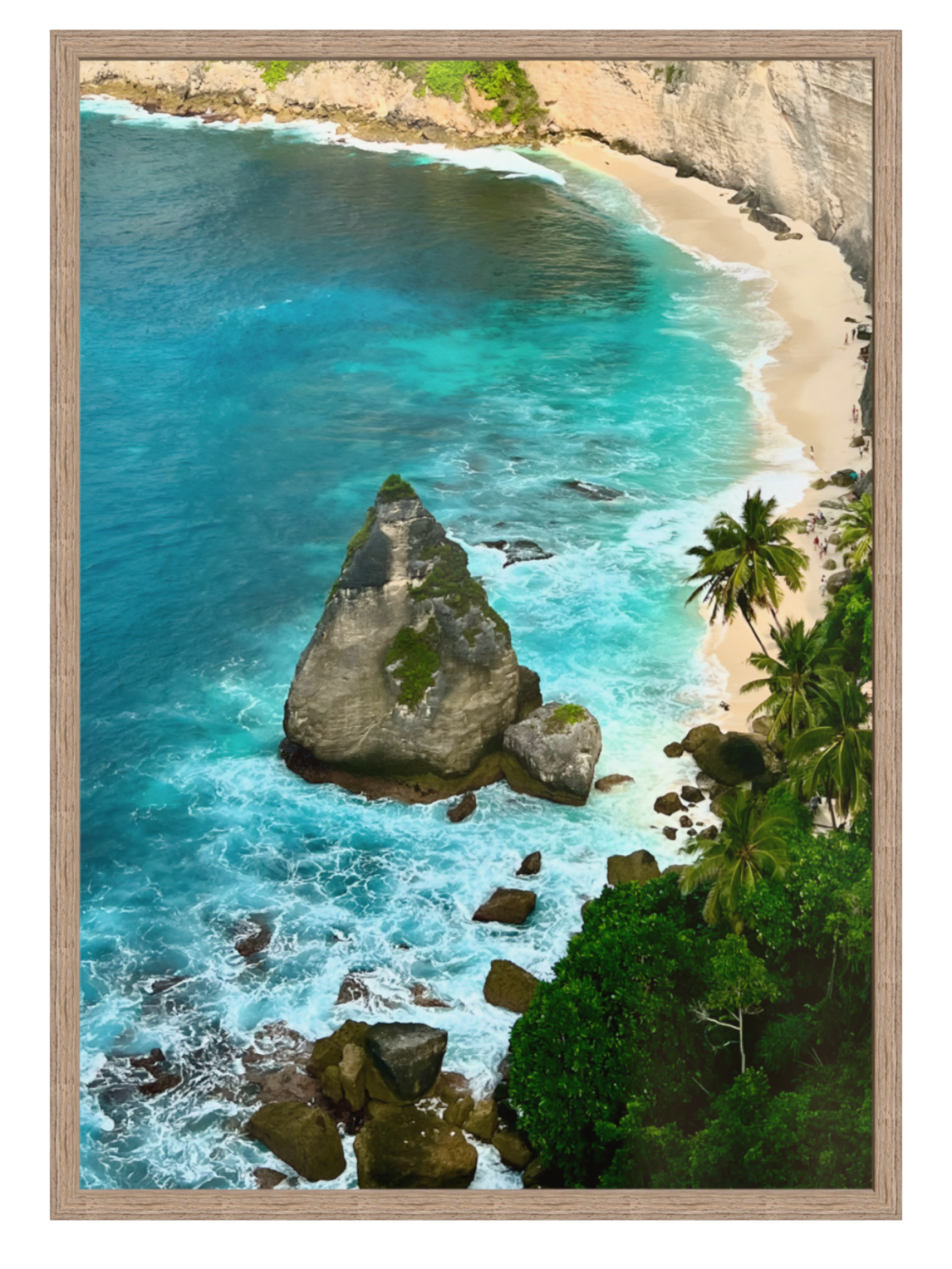 Hazel frame Aerial view of a tropical beach with turquoise waters, rocks, and palm trees.
