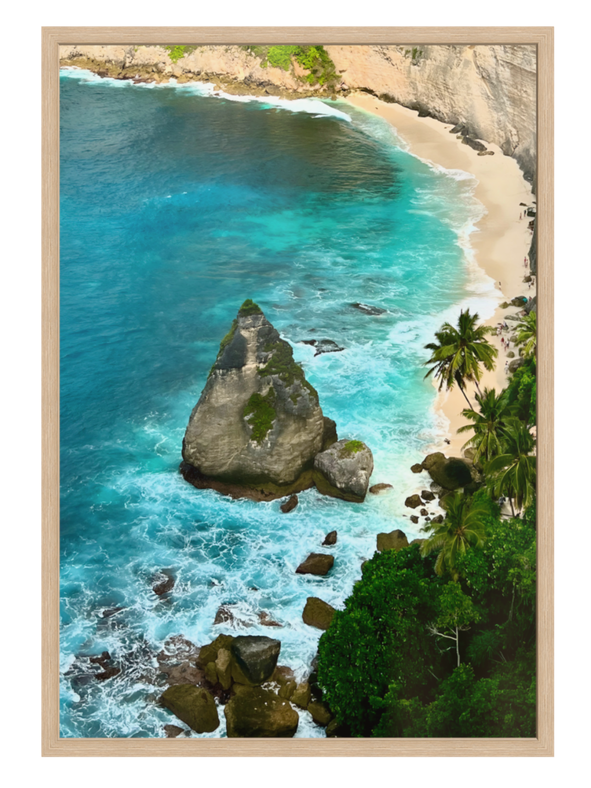 Oak Framed artwork of a tropical beach with turquoise water and rocky outcrops.