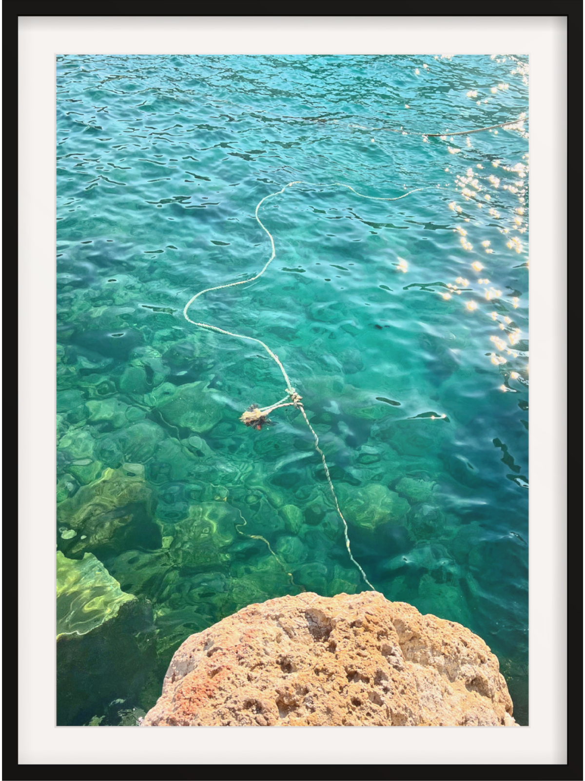 Firopotamos III black framed wall art with thick white mat highlighting vibrant blue water