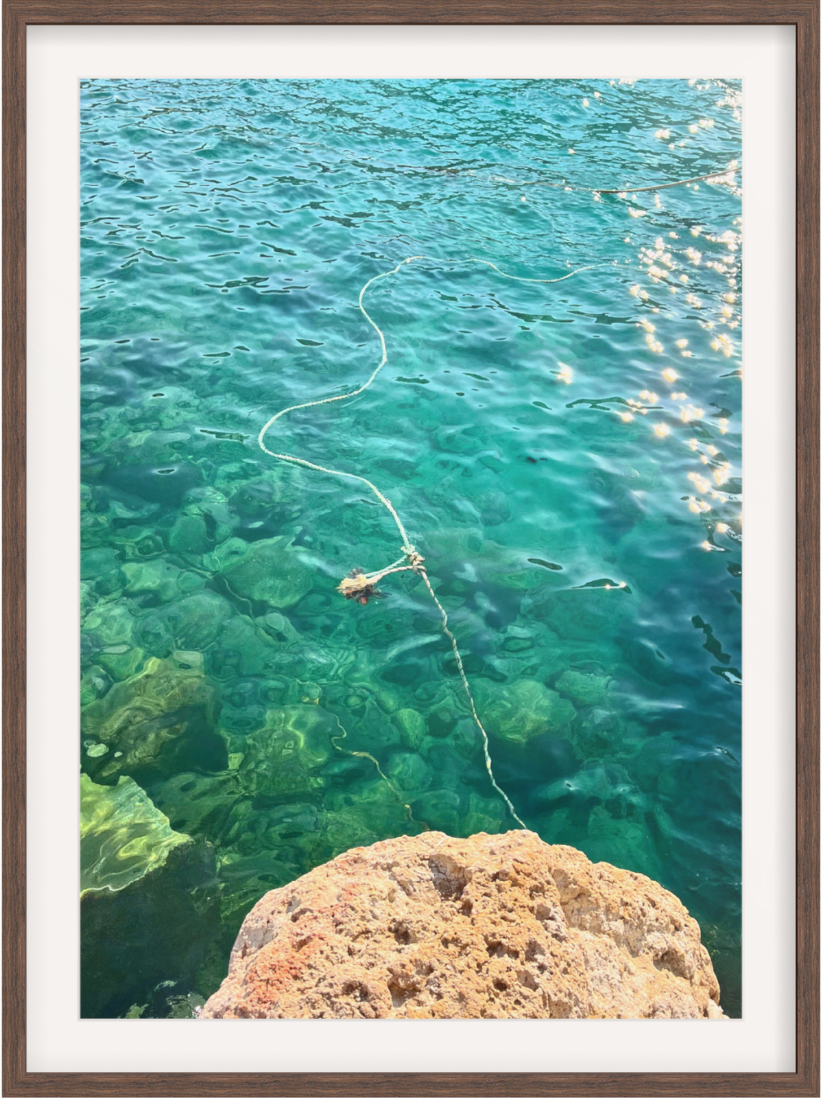 Firopotamos III dark brown wood framed wall art print of Greek island turquoise waters