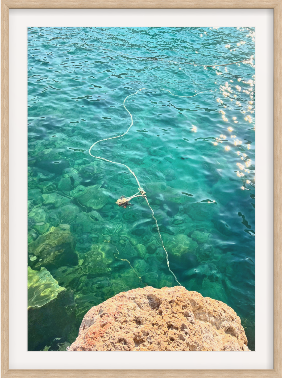 Firopotamos III light wood framed print of Firopotamos village coastal scene with rope
