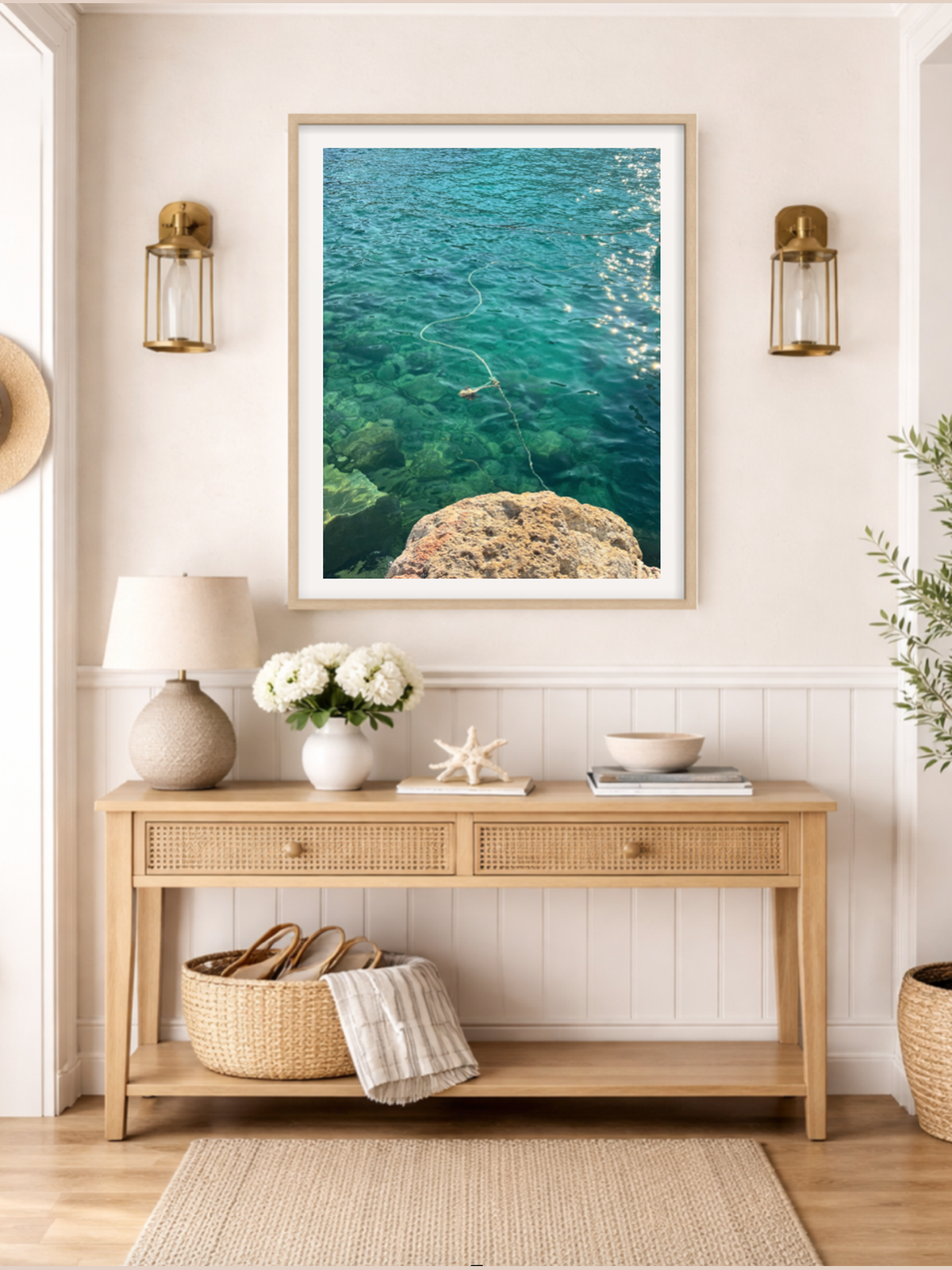 Firopotamos III Greece coastal wall art in light wood frame showing turquoise water and volcanic cliffs