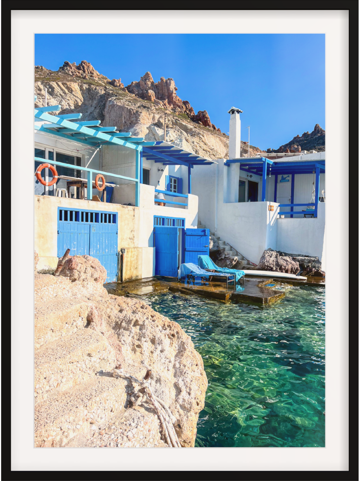 Firopotamos Milos print in black frame with wide matting and twisted rope detail