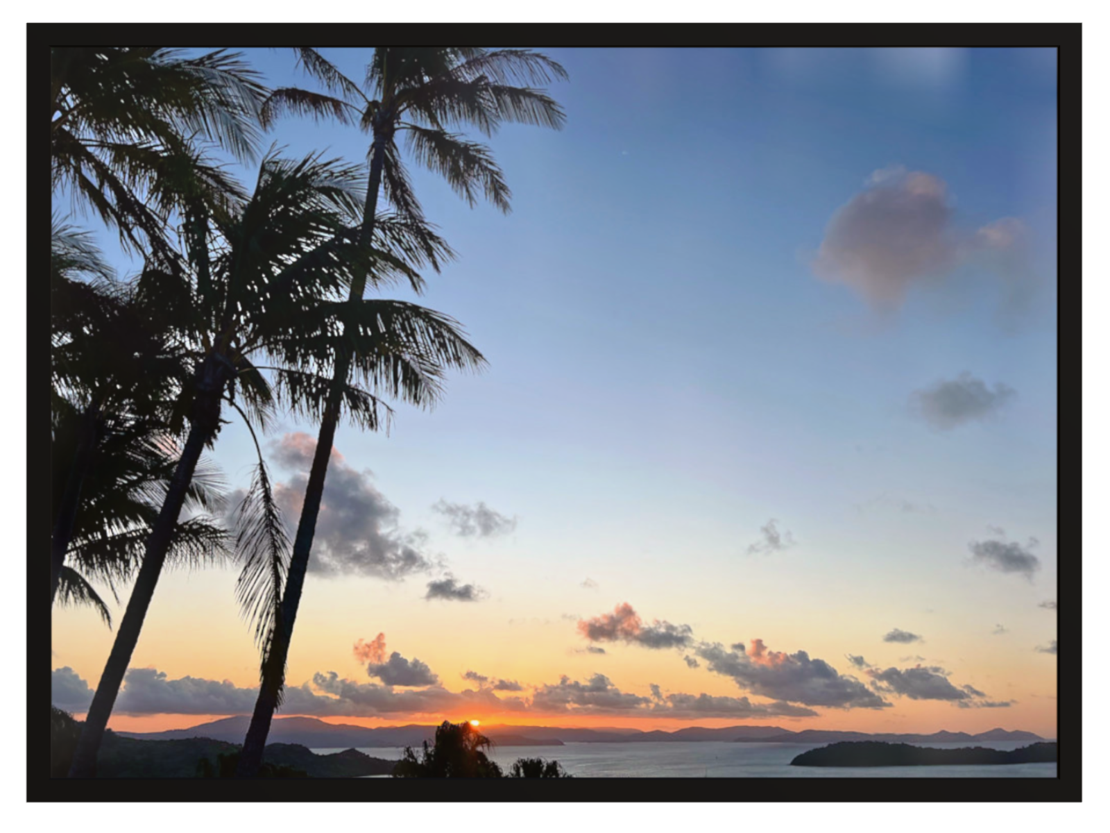 Sunset over a tropical beach with palm trees and a clear sky.