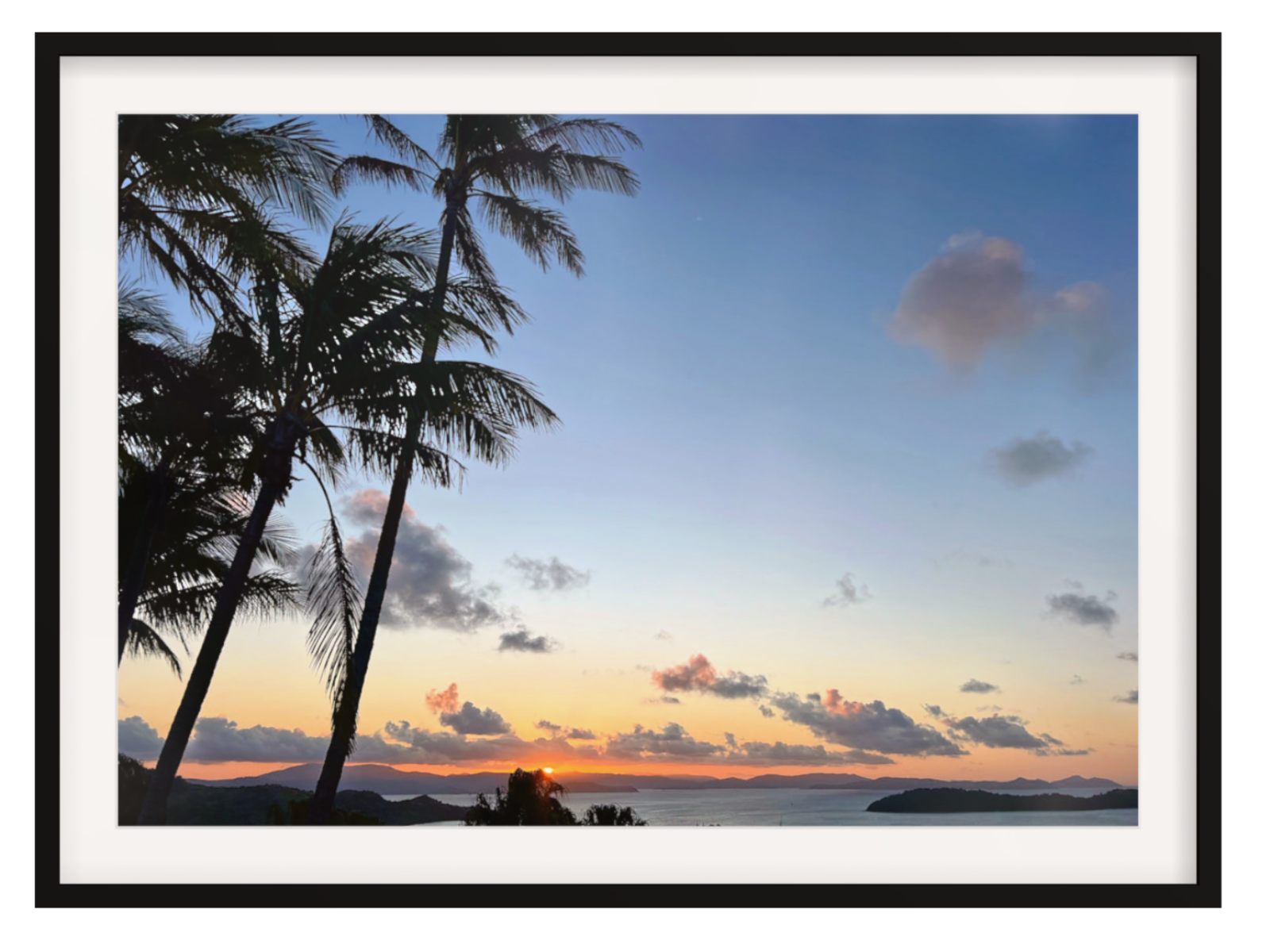 Framed artwork of a sunset with palm trees and a clear sky.