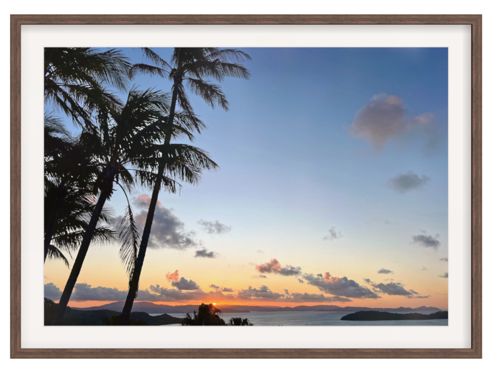 Framed artwork of a sunset with palm trees and mountains