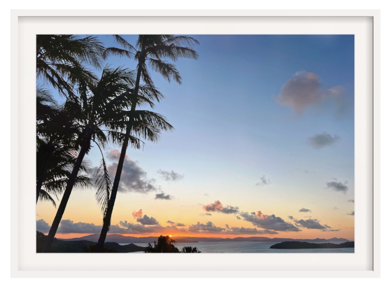 Framed artwork of a sunset with palm trees and a clear sky.