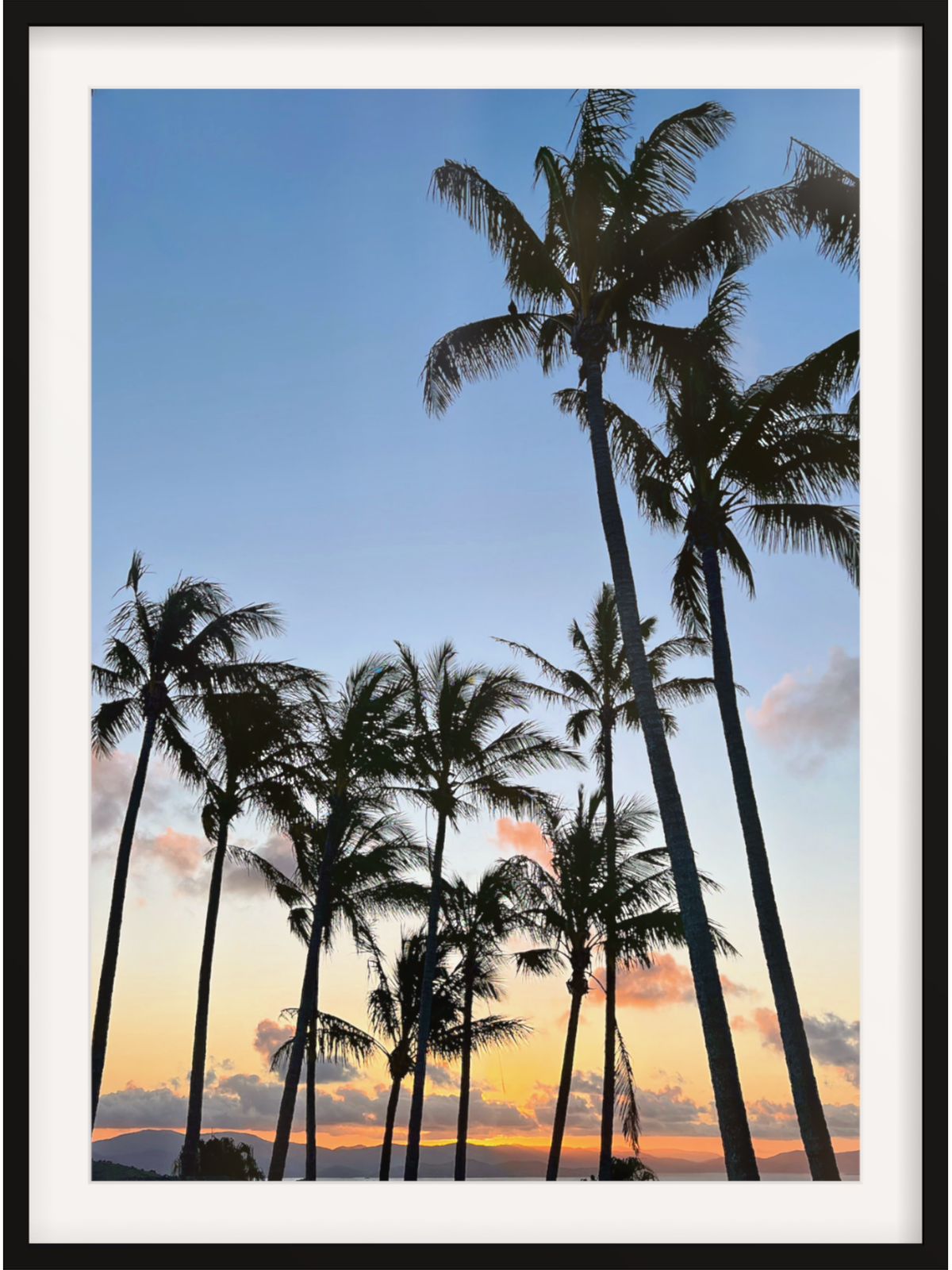 Framed artwork of palm trees against a sunset sky