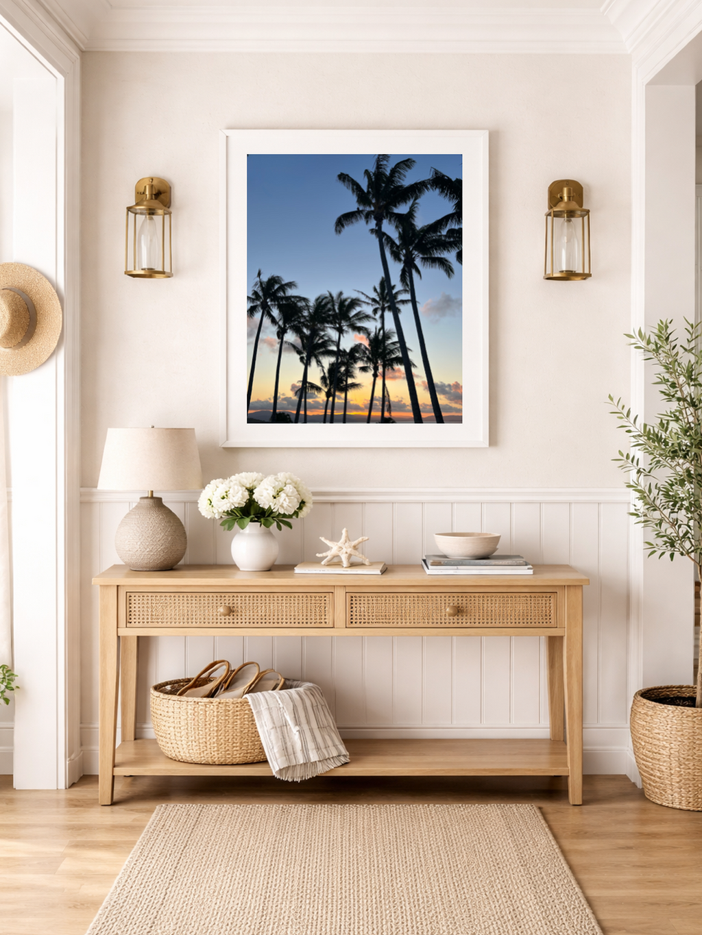 Nautical-themed room with a wooden console table, lamp, and decorative items.