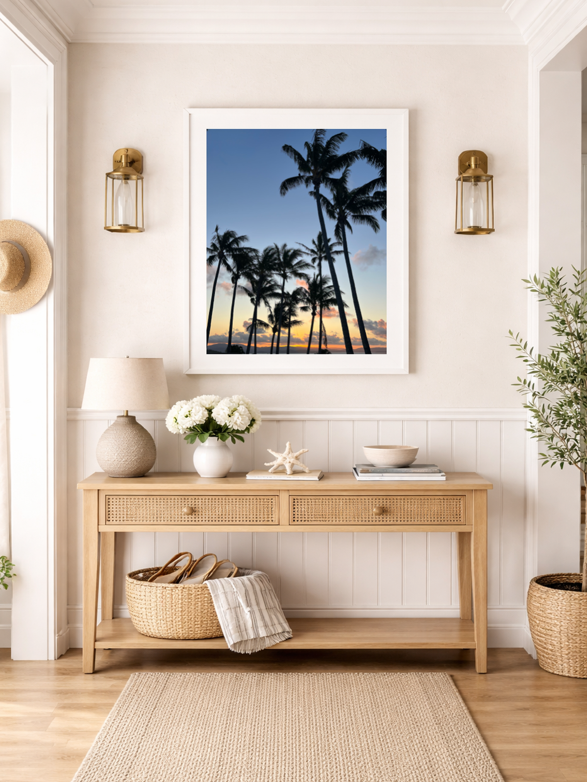 Nautical-themed room with a wooden console table, lamp, and decorative items.