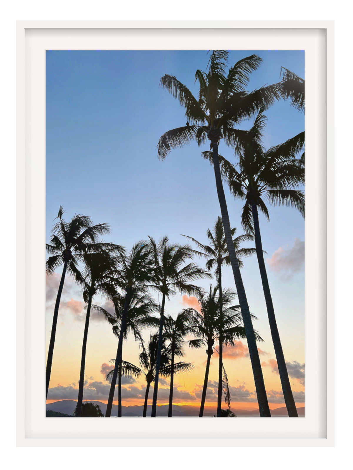 Framed artwork of palm trees against a sunset sky