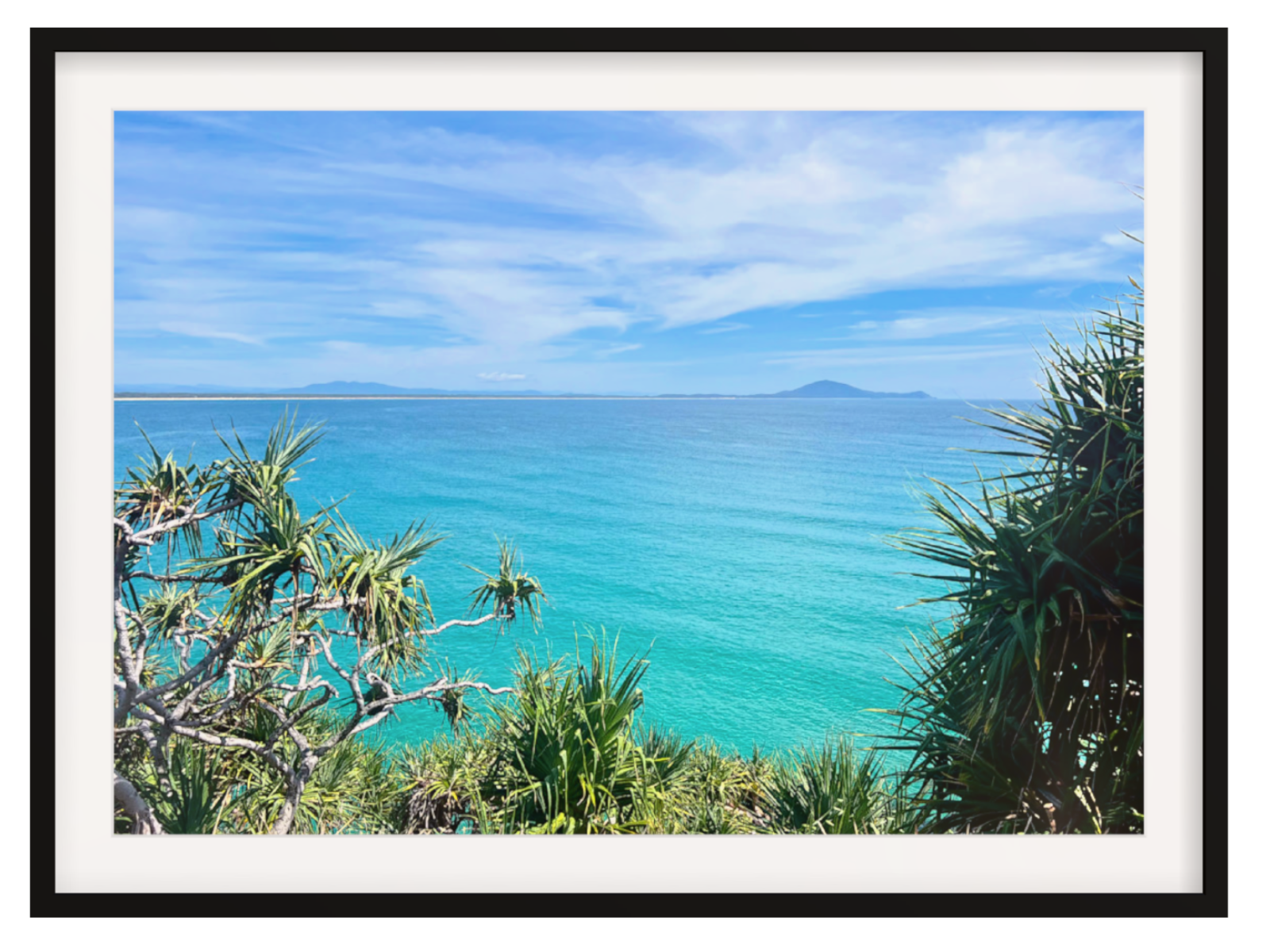 Framed photograph of a tropical landscape with turquoise ocean and palm trees.