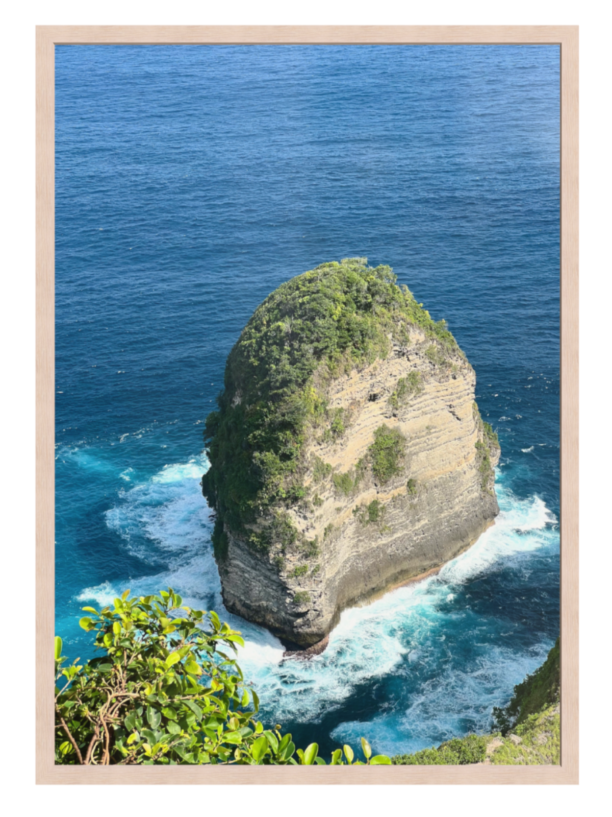 Light Oak Isolated rock formation in the middle of the ocean with a wooden frame.