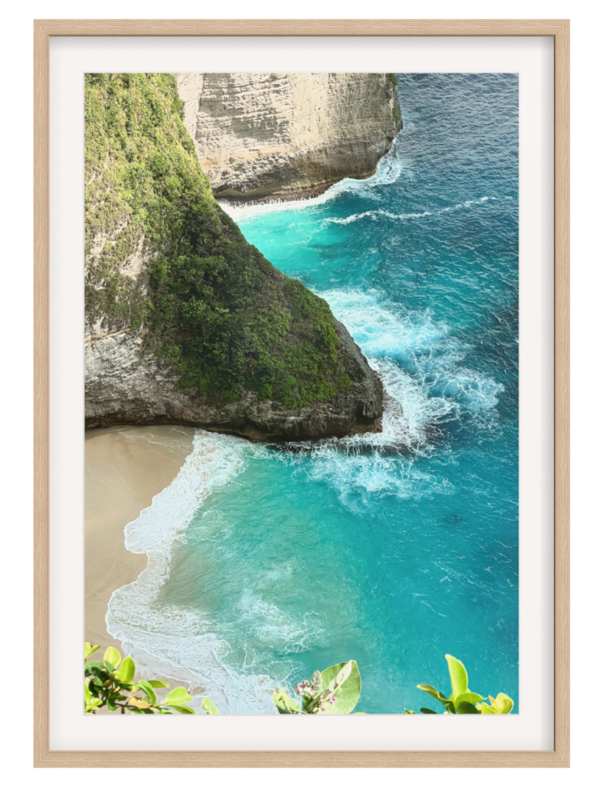 Oak Framed with border photograph of a tropical beach with turquoise water and cliffs.