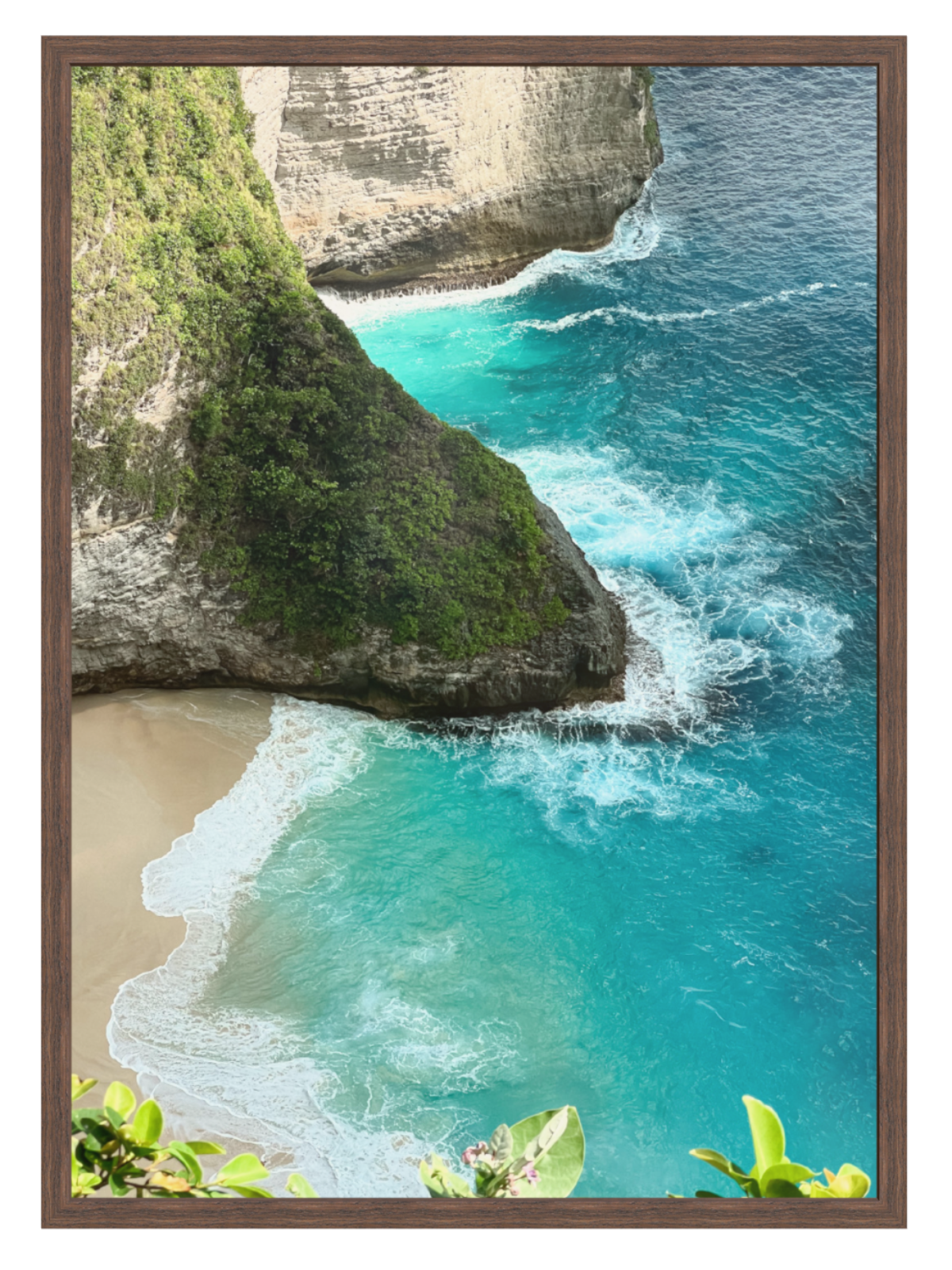 Beach scene with turquoise water and rocky cliffs, framed by a brown border.