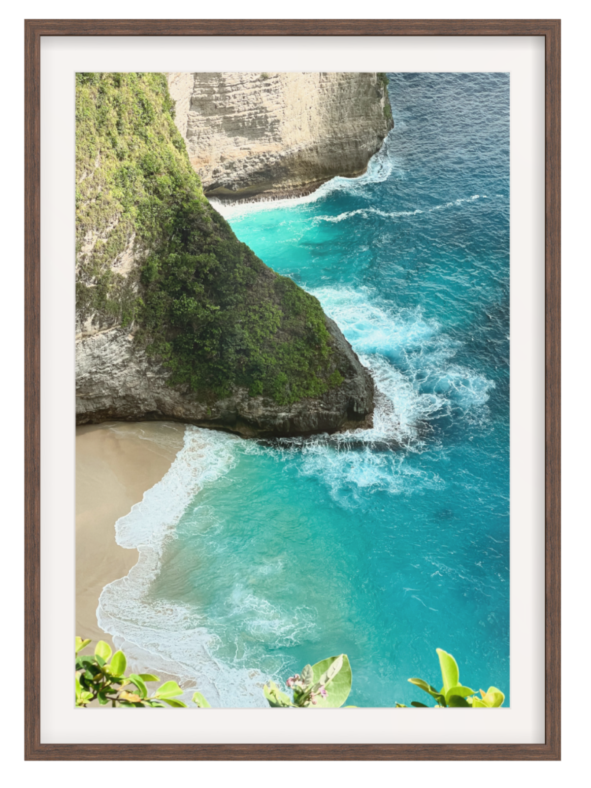 Chocolate Framed with border photograph of a tropical beach with turquoise water and cliffs.