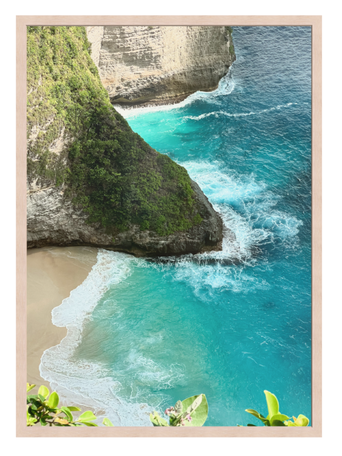 Light Oak frame Beach scene with turquoise water and rocky cliffs, framed as a picture.