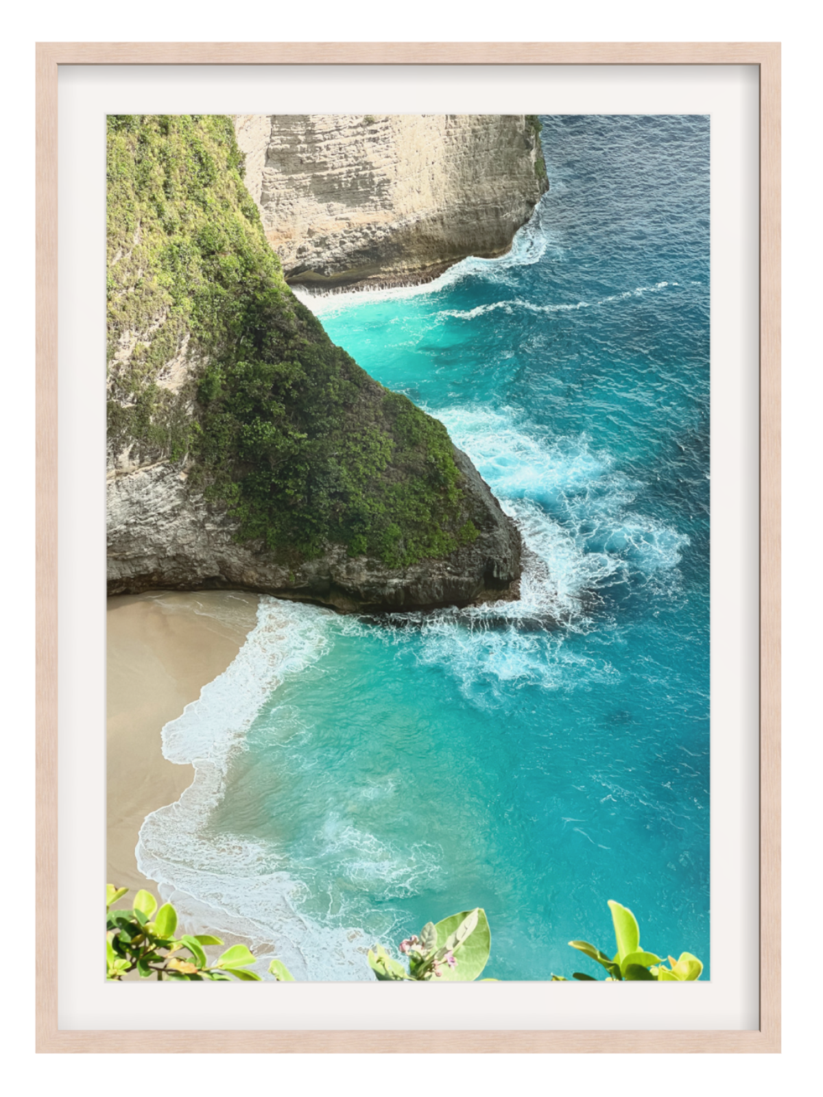 Light Oak with border Framed photograph of a tropical beach with turquoise water and rocky cliffs.