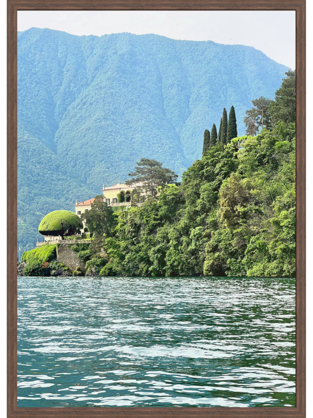 Framed photograph of a scenic view with mountains, trees, and a house by a lake.